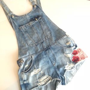 Zara Shortalls / distressed denim short overalls